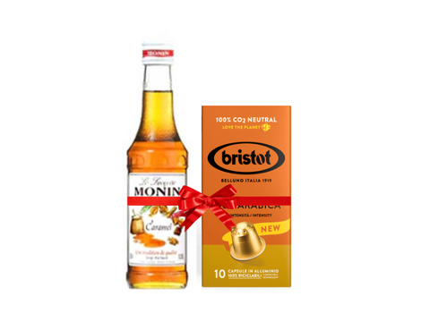 Monin Caramel Syrup 250ml + Bristot 100% Arabica Coffee 10 Capsules