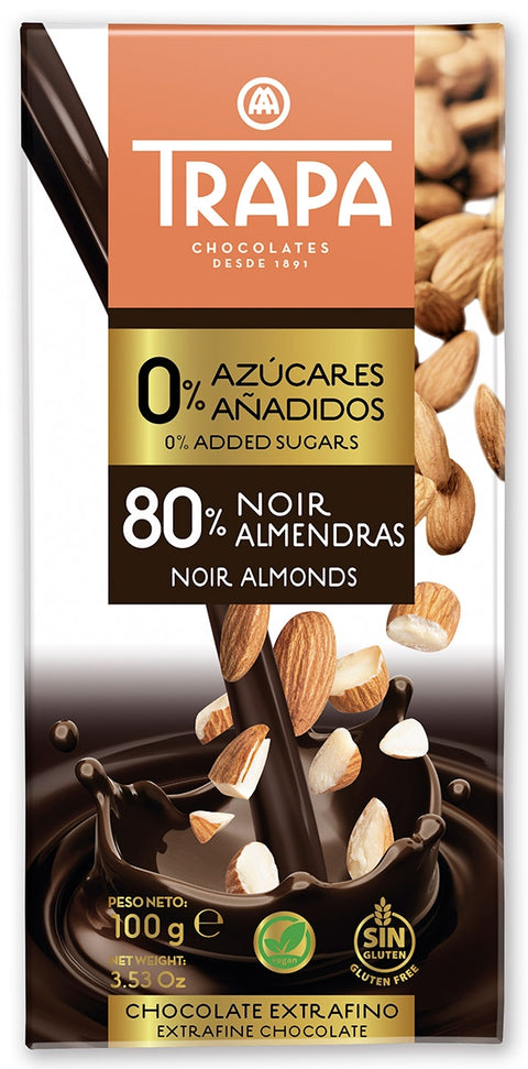 TRAPA DARK Chocolate Bar 80% No added sugars with almonds 100g