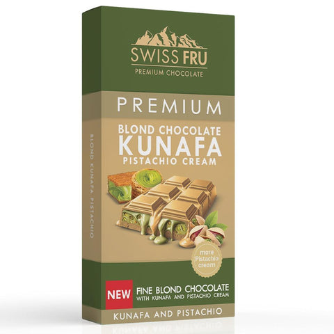 Swiss Fru Premium Kunafa Pistachio Cream Blonde Chocolate 150g - Duabi Trend